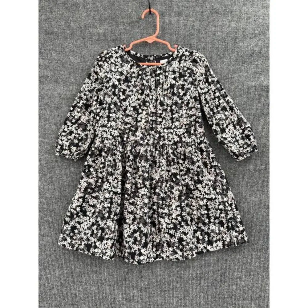 Baby Gap Girls Ditsy Floral Drop Waist Dress Size 4 Black Pink Lined 100% Cotton